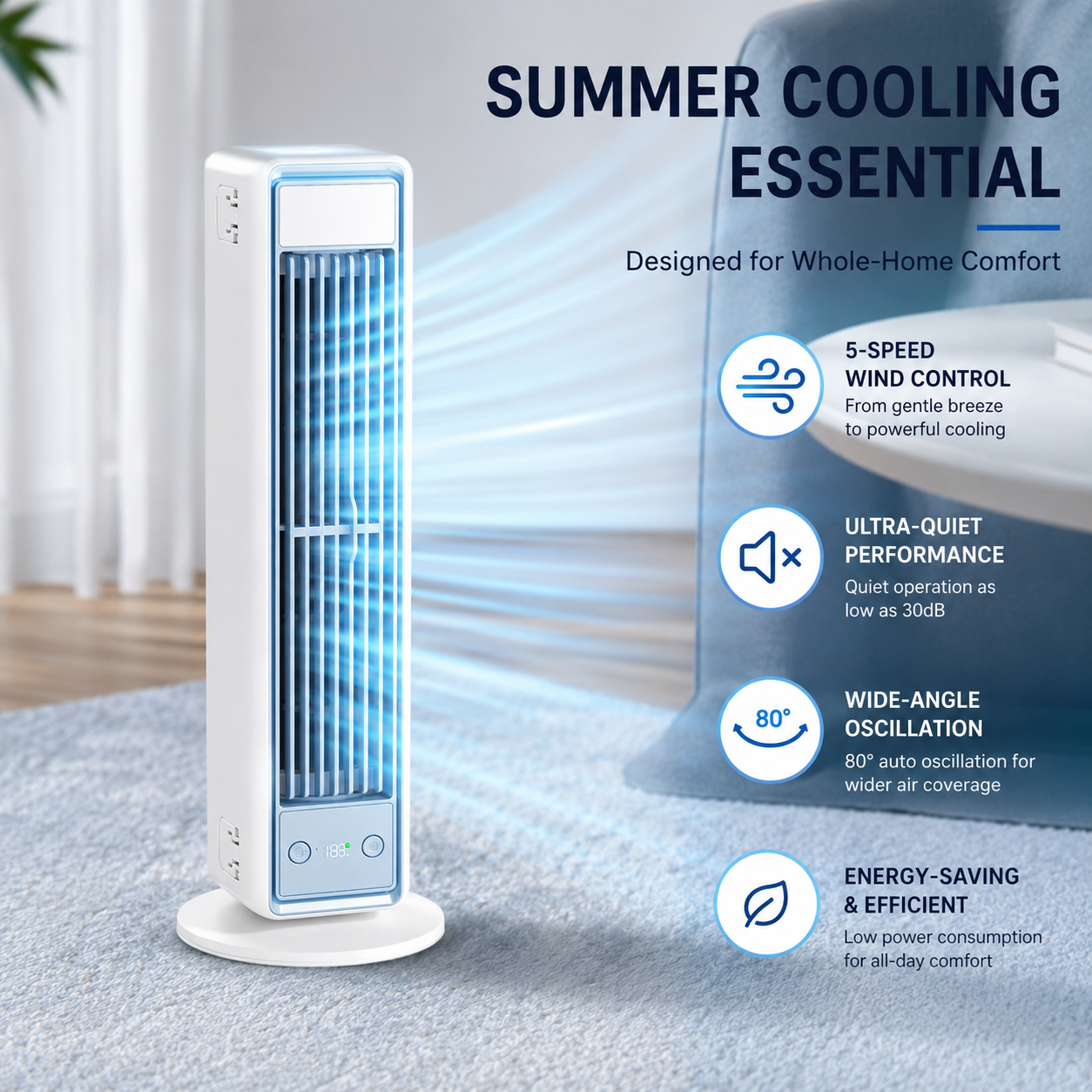 Bladeless Tower Fan Rechargeable Oscillating Desktop Wall Mount Fan with Remote