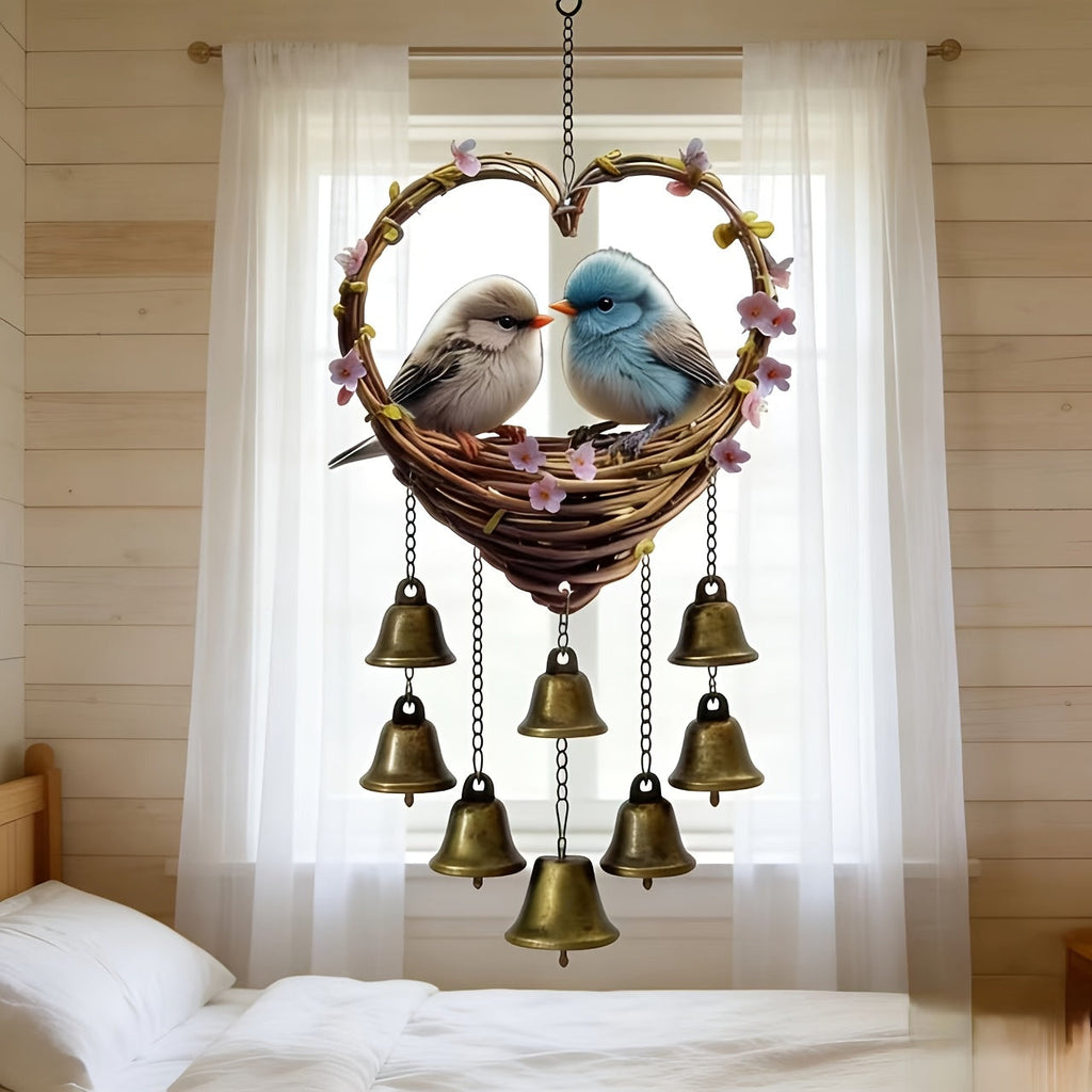 Heart Shaped Bird Wind Chime with Bells Metal Garden Hanging Decor
