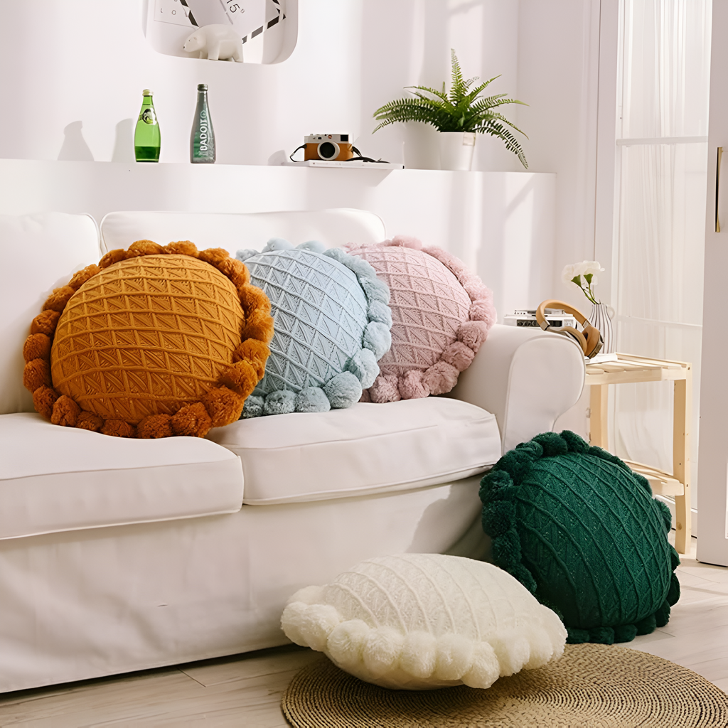 Sunflower Shape Pom Pom Decorative Cushion Pillow