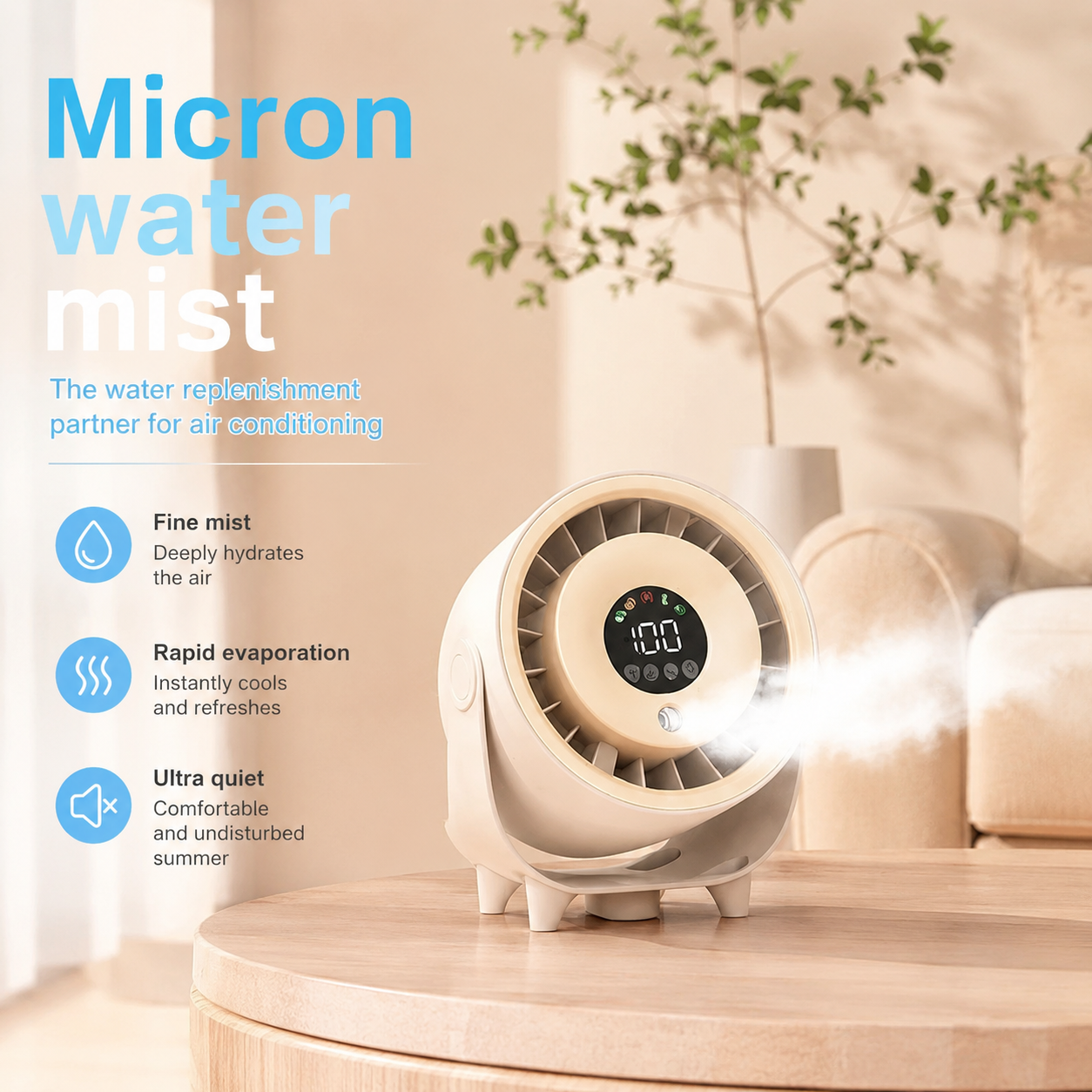 Portable Wall Mount Misting Fan Humidifier Digital Display Quiet Cooling