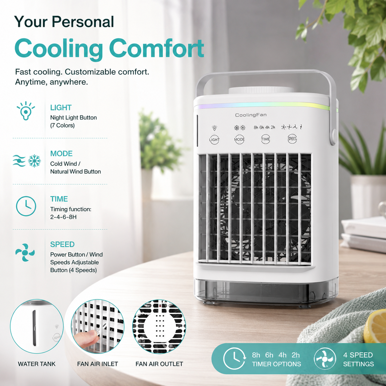 Portable Mini Air Conditioner Fan 4 in 1 USB Air Cooler Humidifier Timer