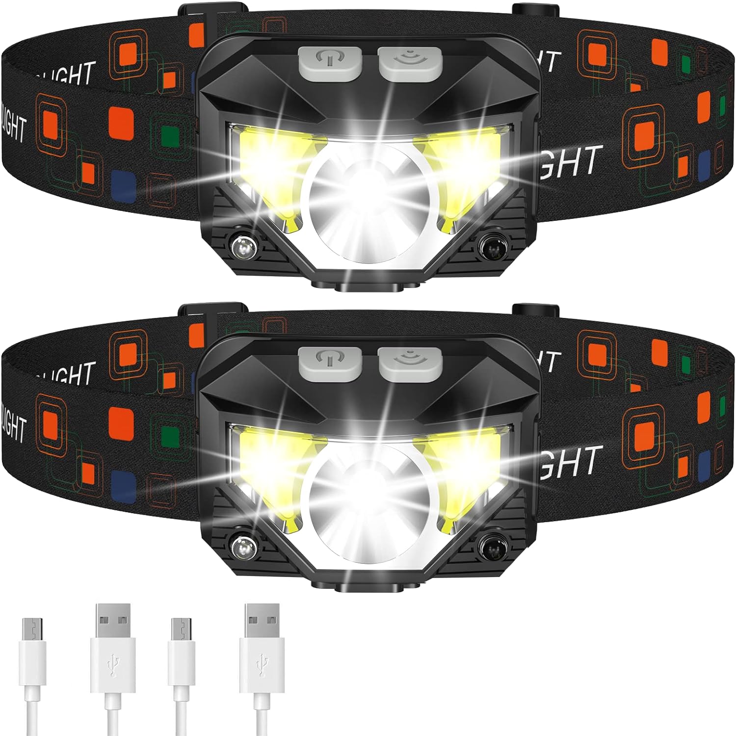 LED Headlamp Flashlight Rechargeable Waterproof Motion Sensor 2 Pack