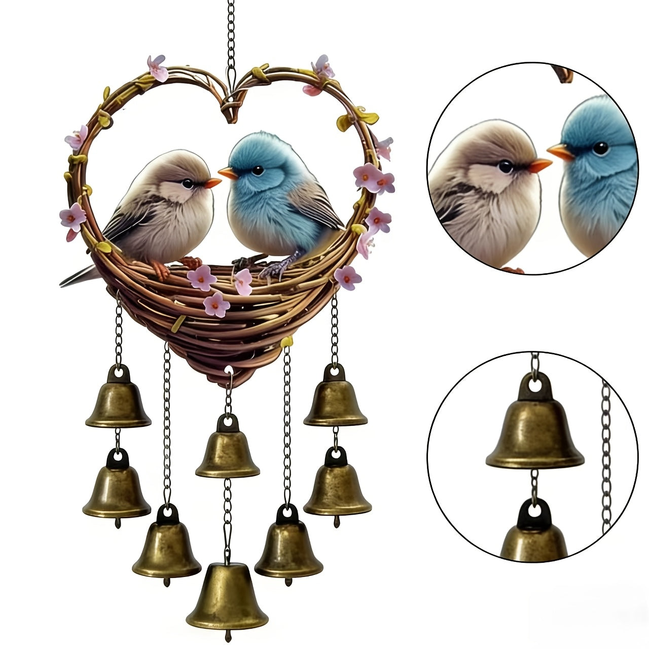 Heart Shaped Bird Wind Chime with Bells Metal Garden Hanging Decor