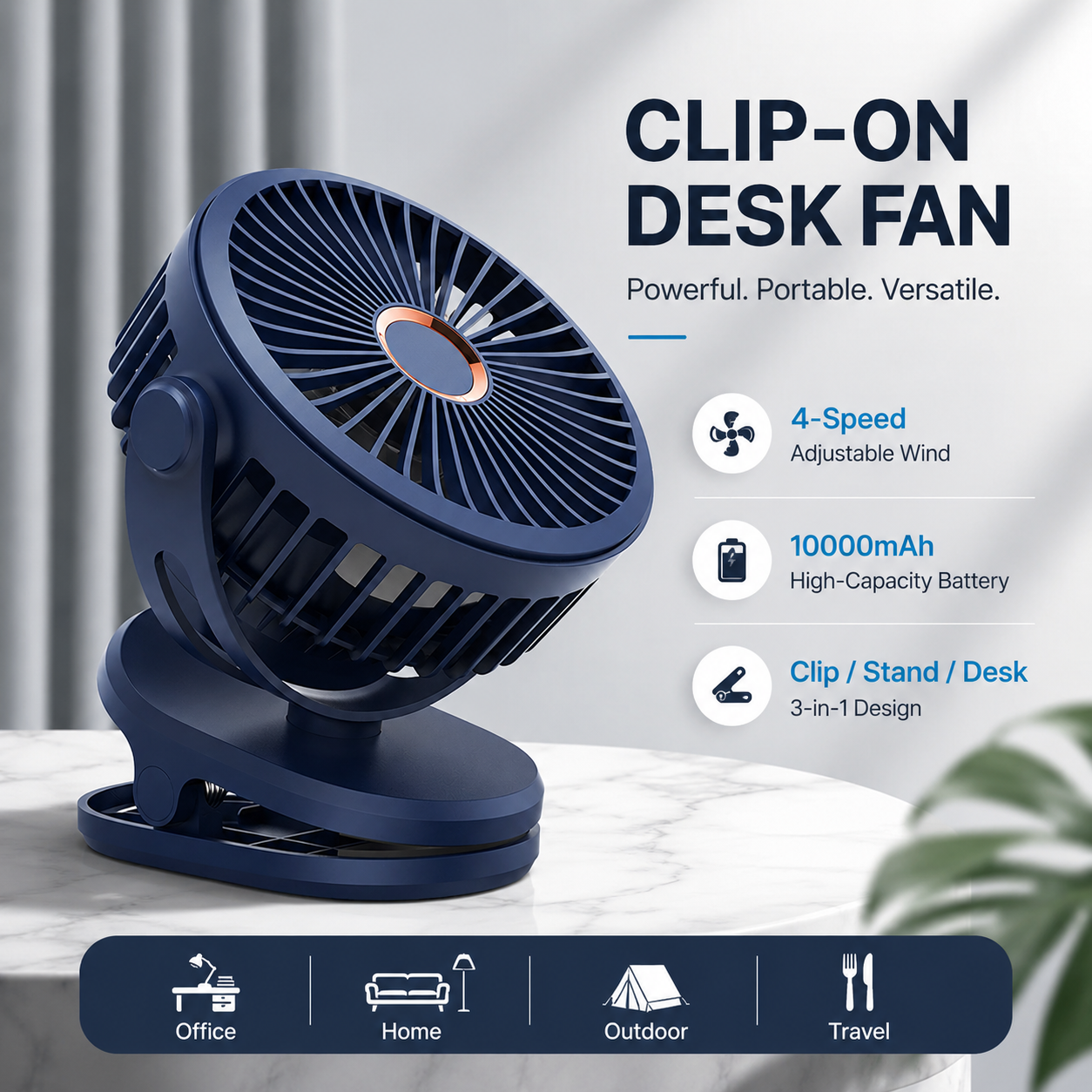 Rechargeable Clip-On Portable Desk Fan with 4-Speed and Battery