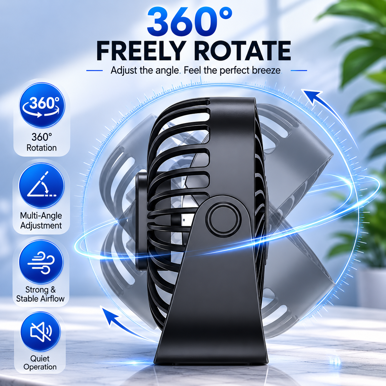 USB Mini Portable Desk Fan 4 Inch 3 Speed Quiet Adjustable Table Fan