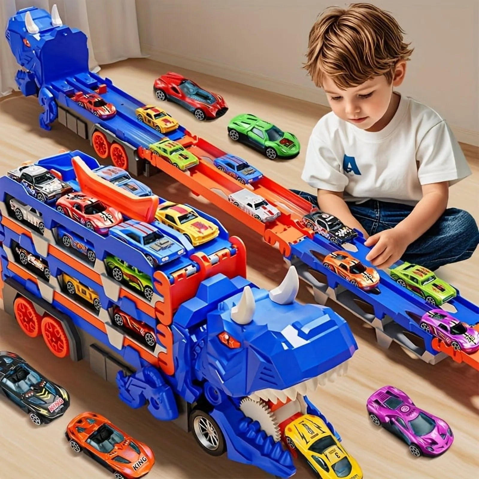 Dinosaur Race Track Toy Set with Alloy Cars and Catapult Track