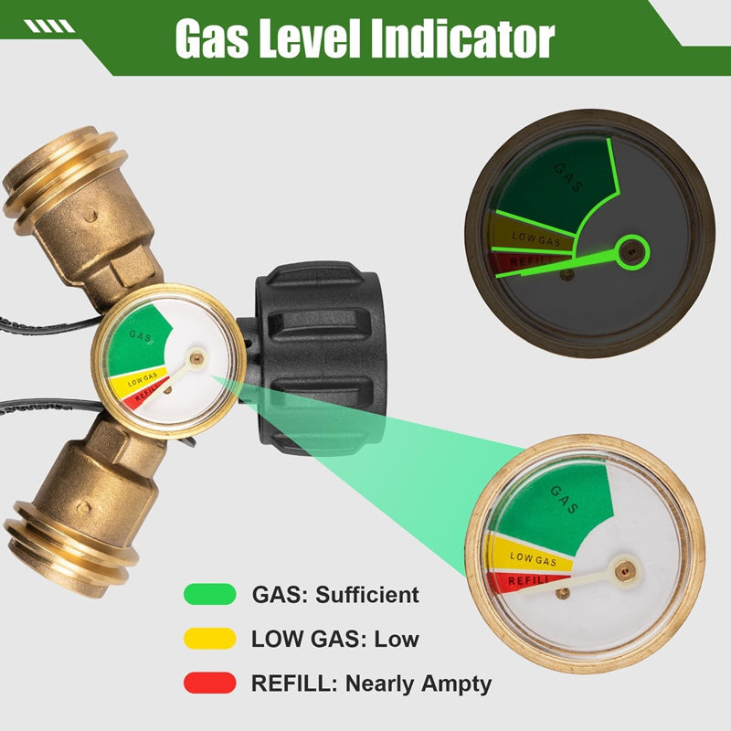 Propane Tank Y Splitter with Gauge and Shut Off Valve 2 Way LP Gas Adapter