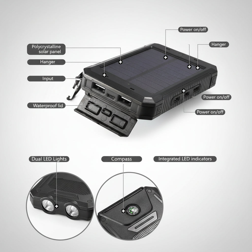 Solar Portable Power Bank Waterproof Phone Charger for Camping