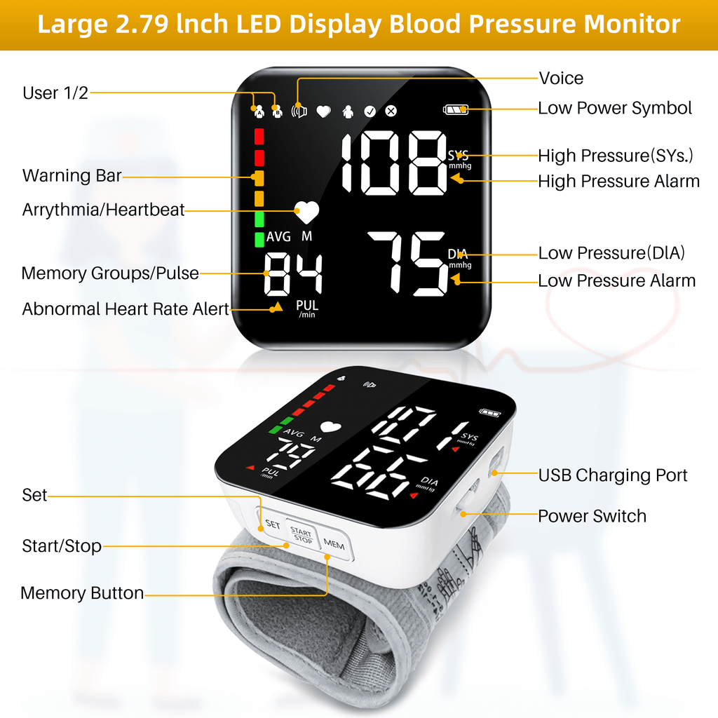Automatic Wrist Blood Pressure Monitor with Adjustable Cuff Large LCD