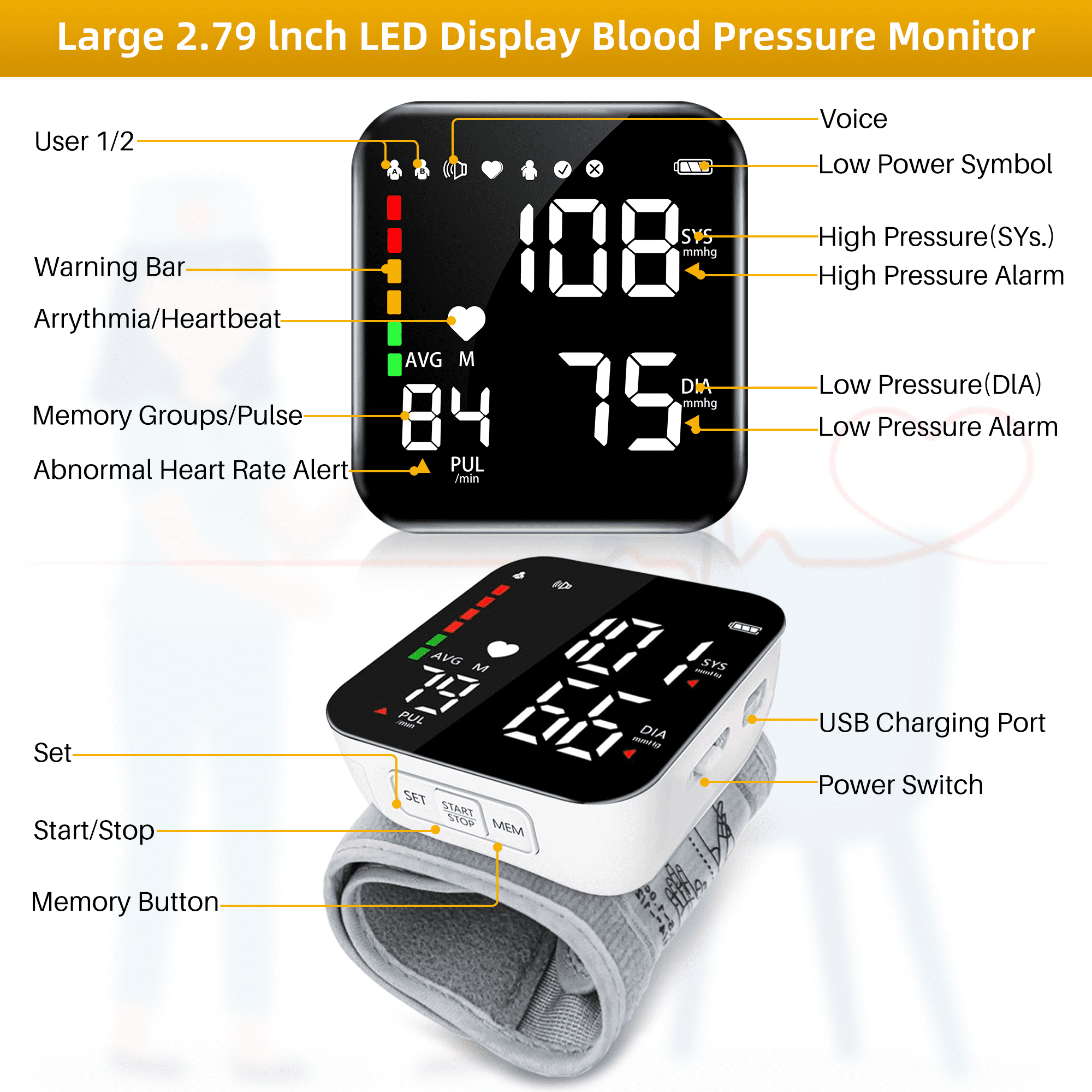 Automatic Wrist Blood Pressure Monitor with Adjustable Cuff Large LCD