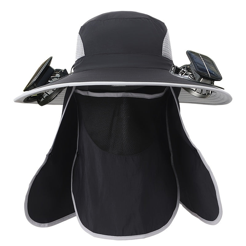 Outdoor Fishing Hat with Dual Solar Fans USB Charging Removable Sunshade