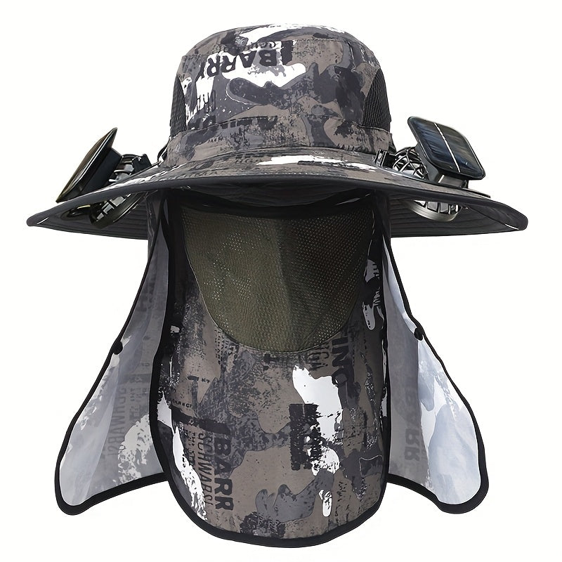 Outdoor Fishing Hat with Dual Solar Fans USB Charging Removable Sunshade