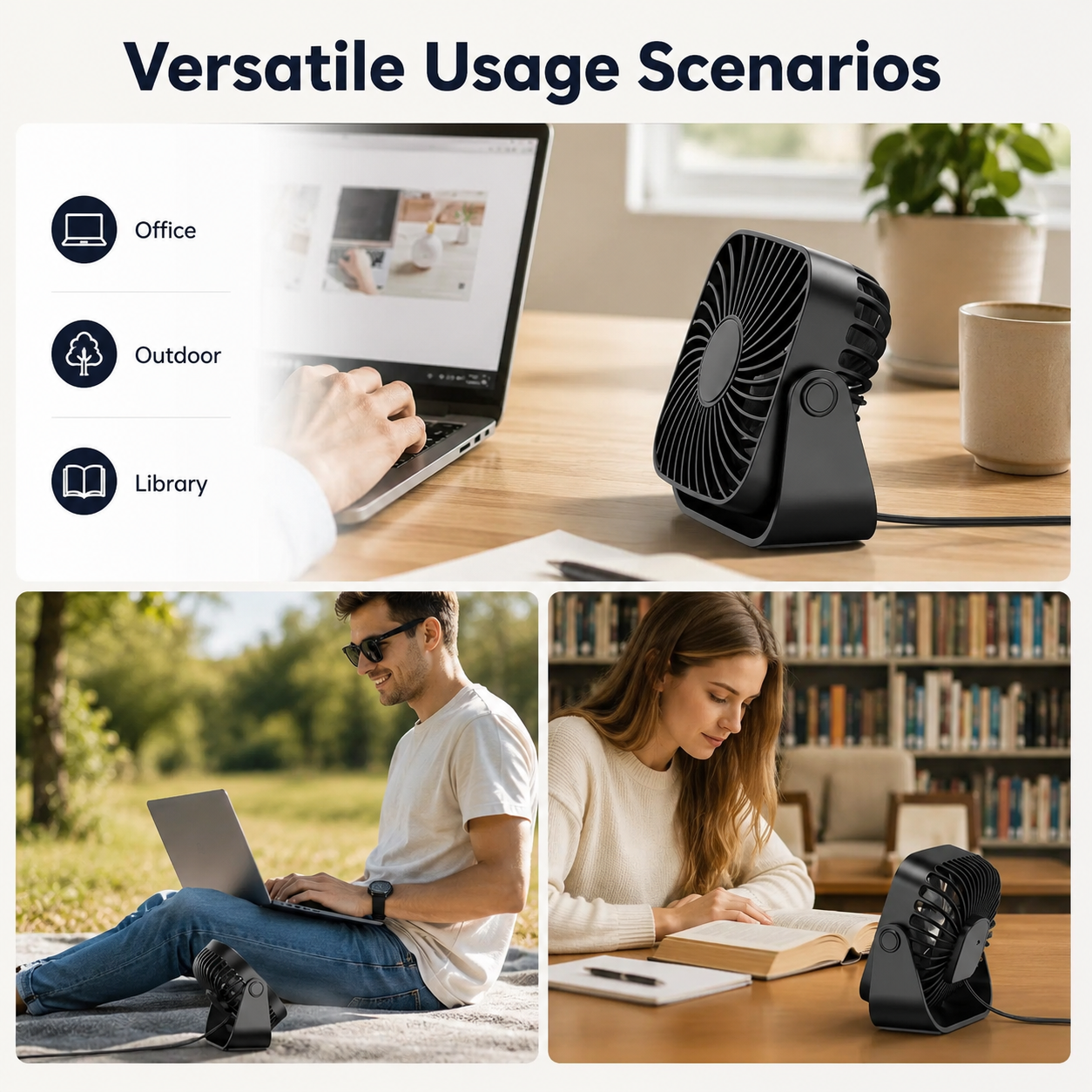 USB Mini Portable Desk Fan 4 Inch 3 Speed Quiet Adjustable Table Fan