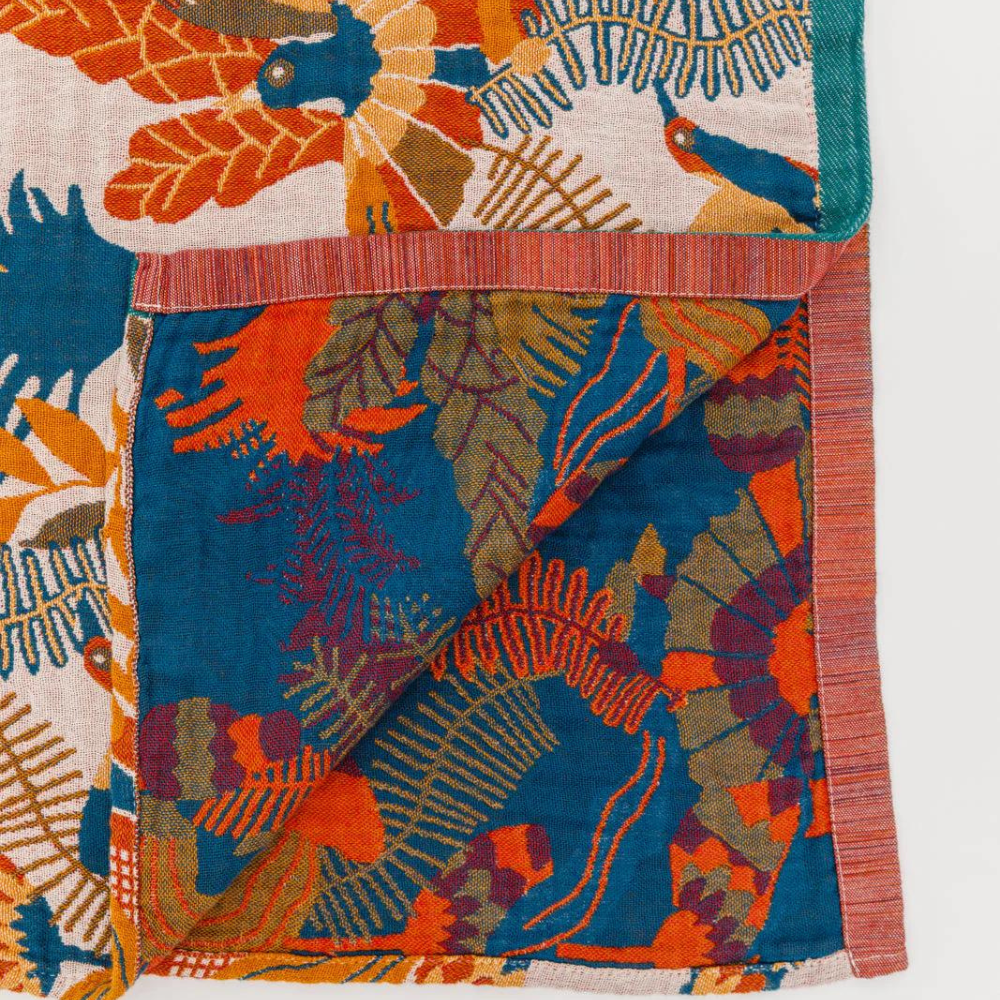 Reversible Rectangular Beach Towel with Floral and Bird Pattern