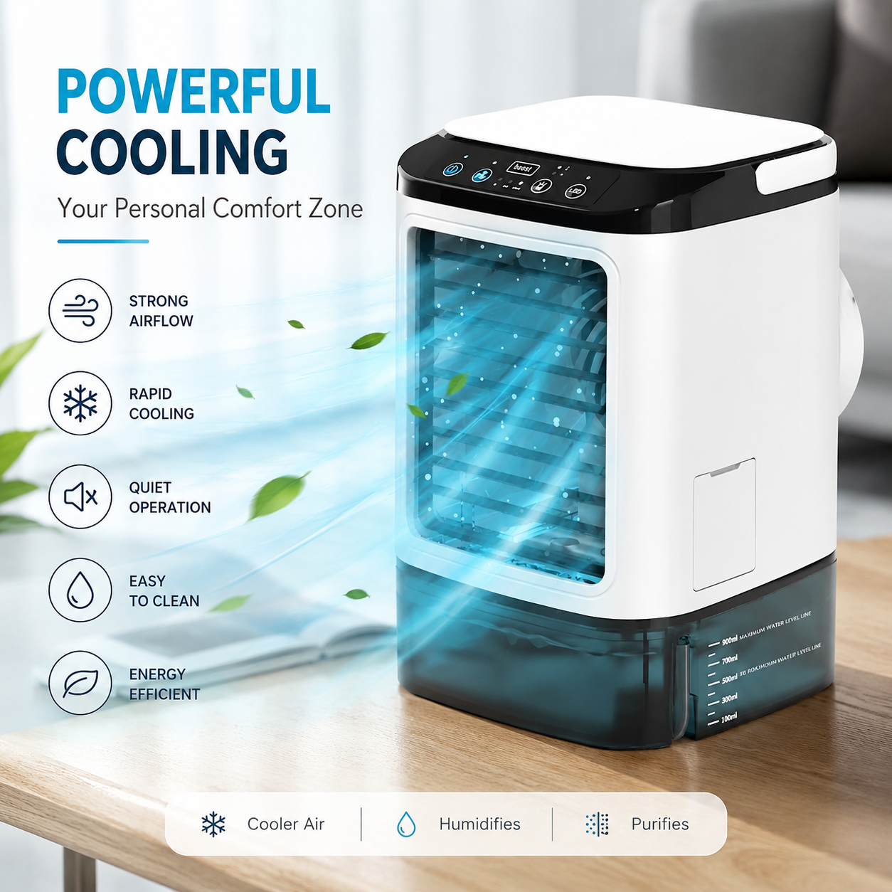 Tragbarer Mini-Verdunstungsluftkühler Ventilator Luftbefeuchter 900ml Tank