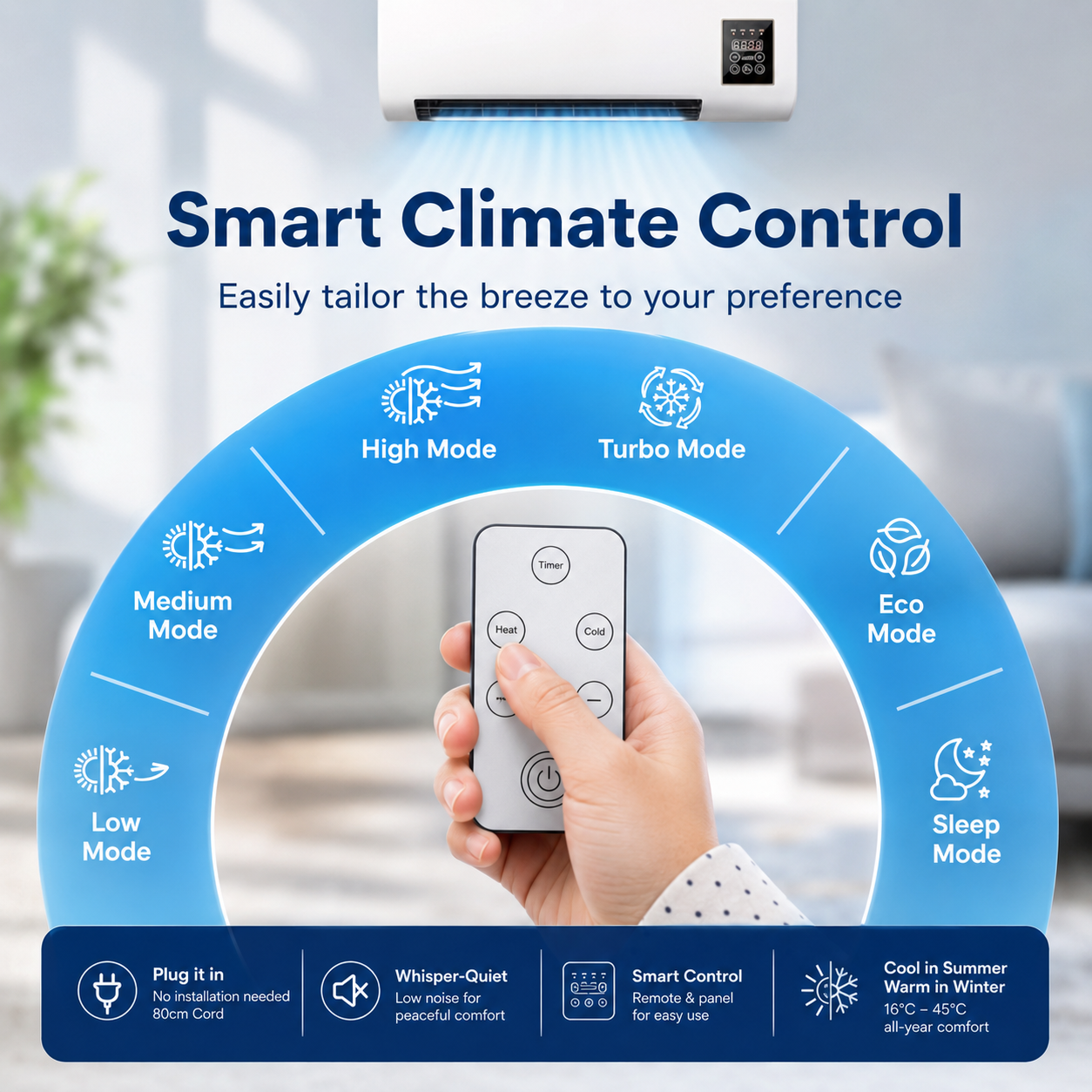 Wall Mounted Portable Air Conditioner with Remote Control and Cooling Fan