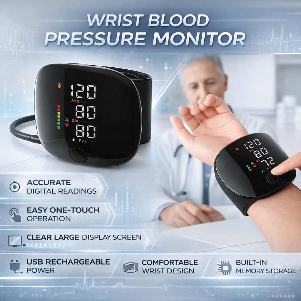 Digital Wrist Blood Pressure Monitor USB Rechargeable Wrist Cuff
