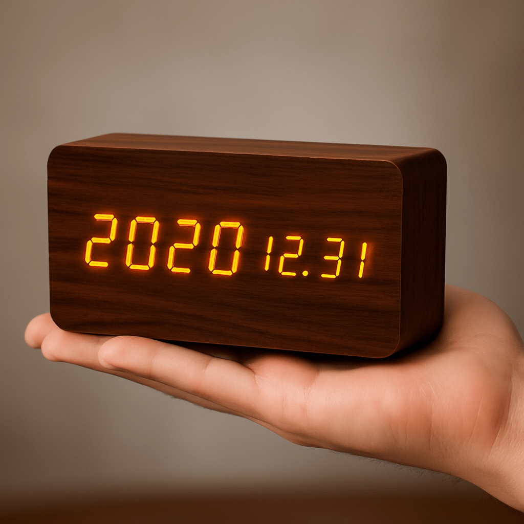 LED Digital Alarm Clock Square Shape Adjustable Display Wooden