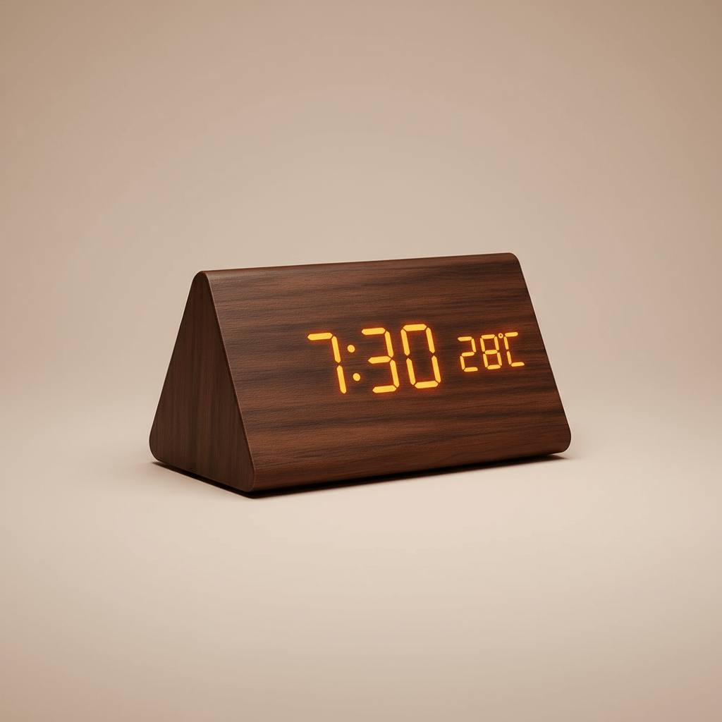 LED Digital Alarm Clock Square Shape Adjustable Display Wooden