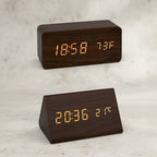 LED Digital Alarm Clock Square Shape Adjustable Display Wooden