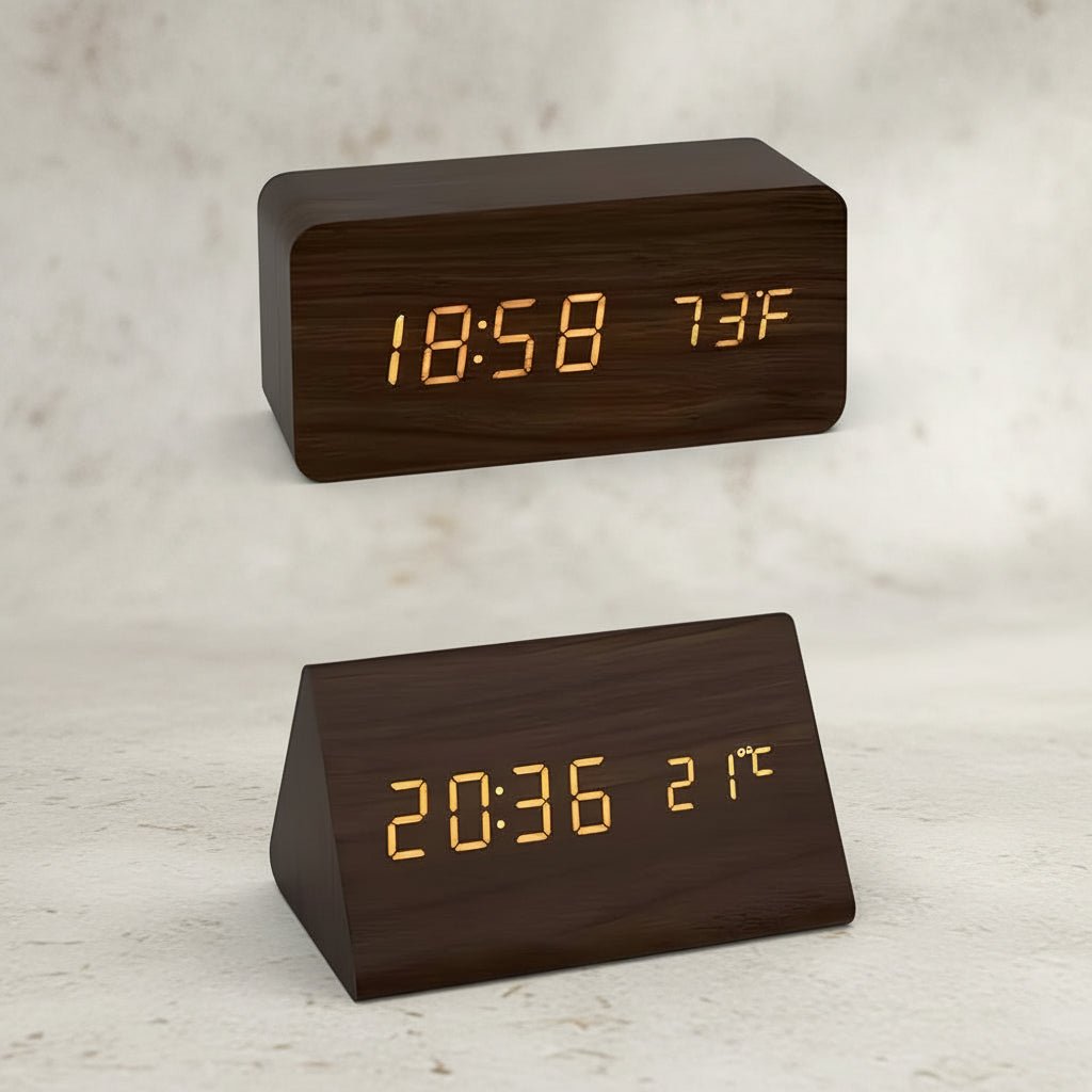 LED Digital Alarm Clock Square Shape Adjustable Display Wooden