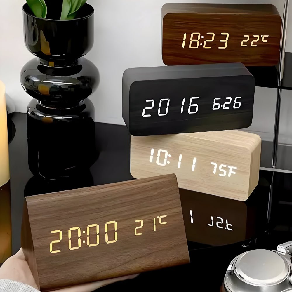 LED Digital Alarm Clock Square Shape Adjustable Display Wooden