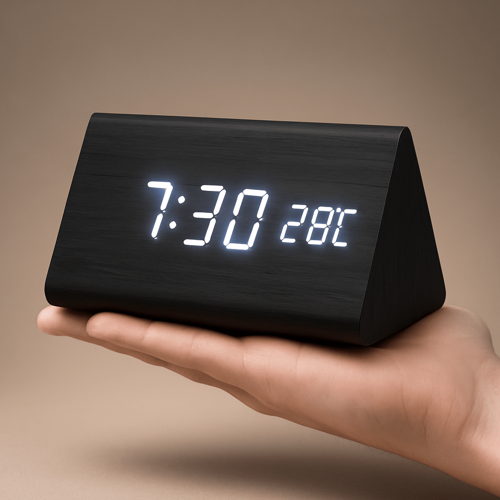 LED Digital Alarm Clock Square Shape Adjustable Display Wooden