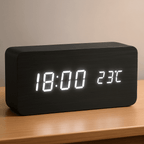 LED Digital Alarm Clock Square Shape Adjustable Display Wooden