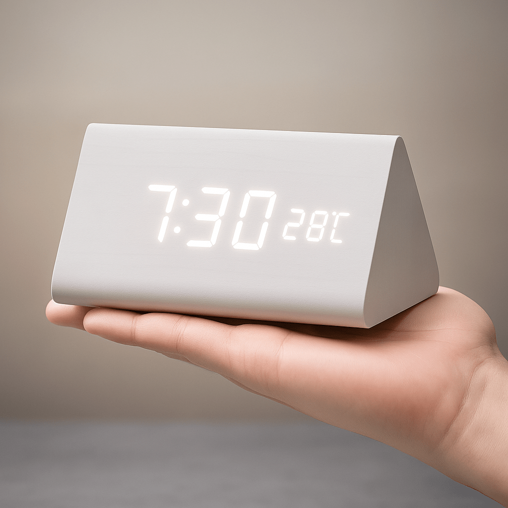 LED Digital Alarm Clock Square Shape Adjustable Display Wooden