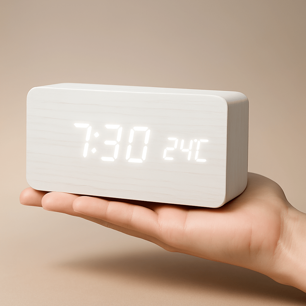 LED Digital Alarm Clock Square Shape Adjustable Display Wooden