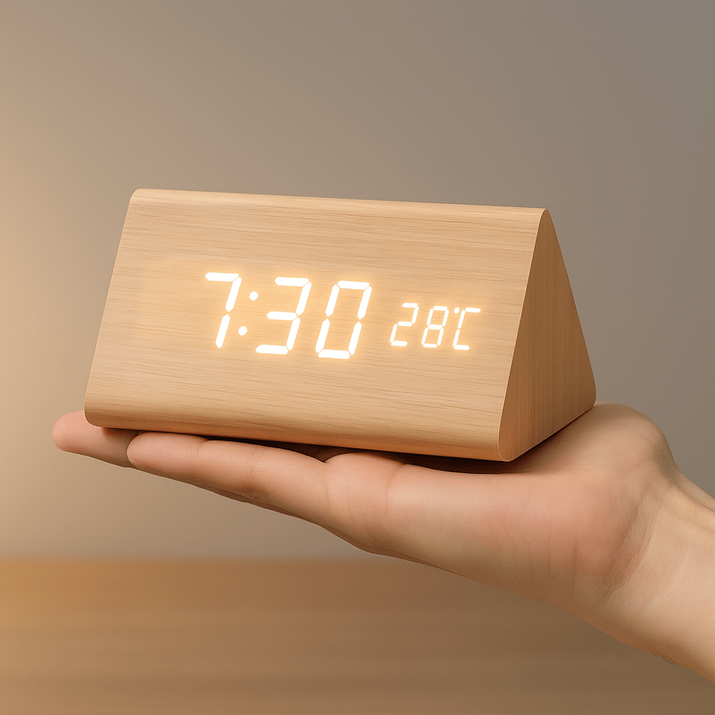 LED Digital Alarm Clock Square Shape Adjustable Display Wooden