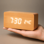 LED Digital Alarm Clock Square Shape Adjustable Display Wooden