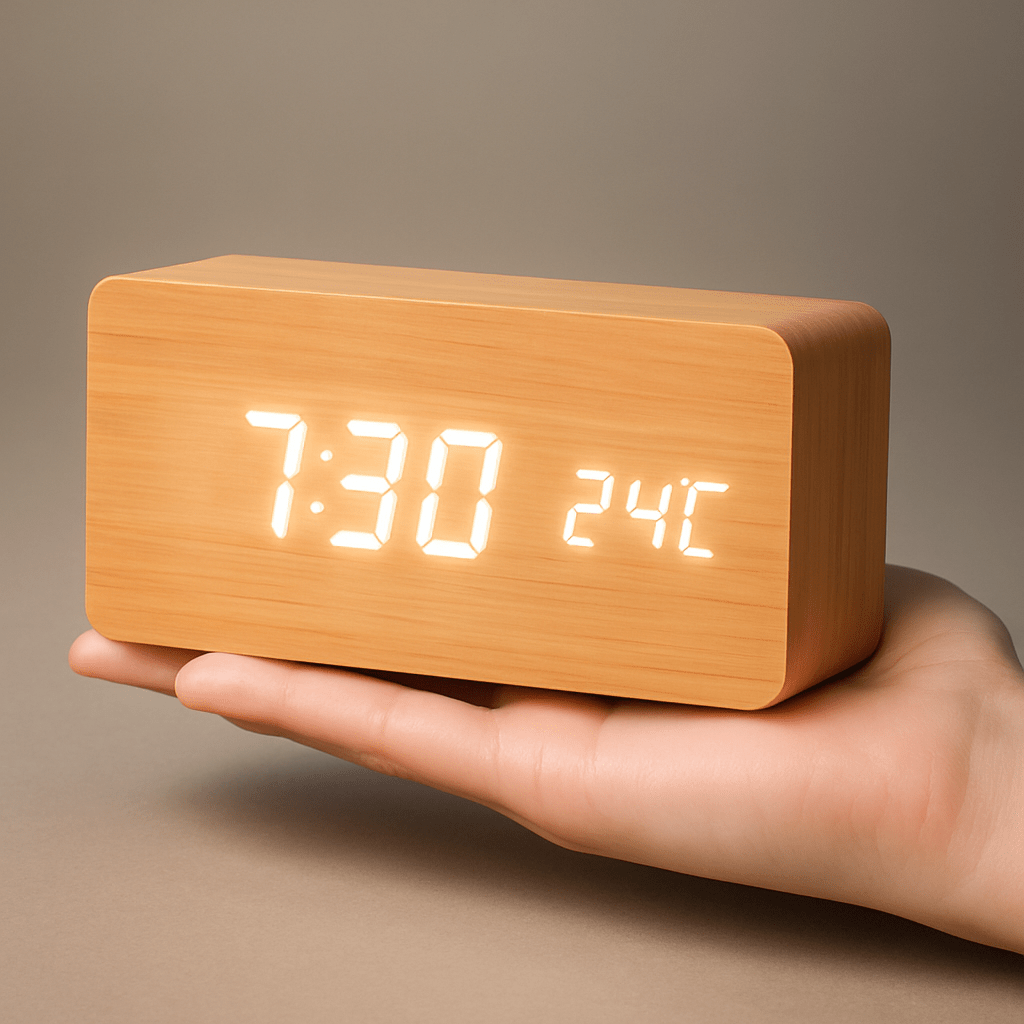 LED Digital Alarm Clock Square Shape Adjustable Display Wooden