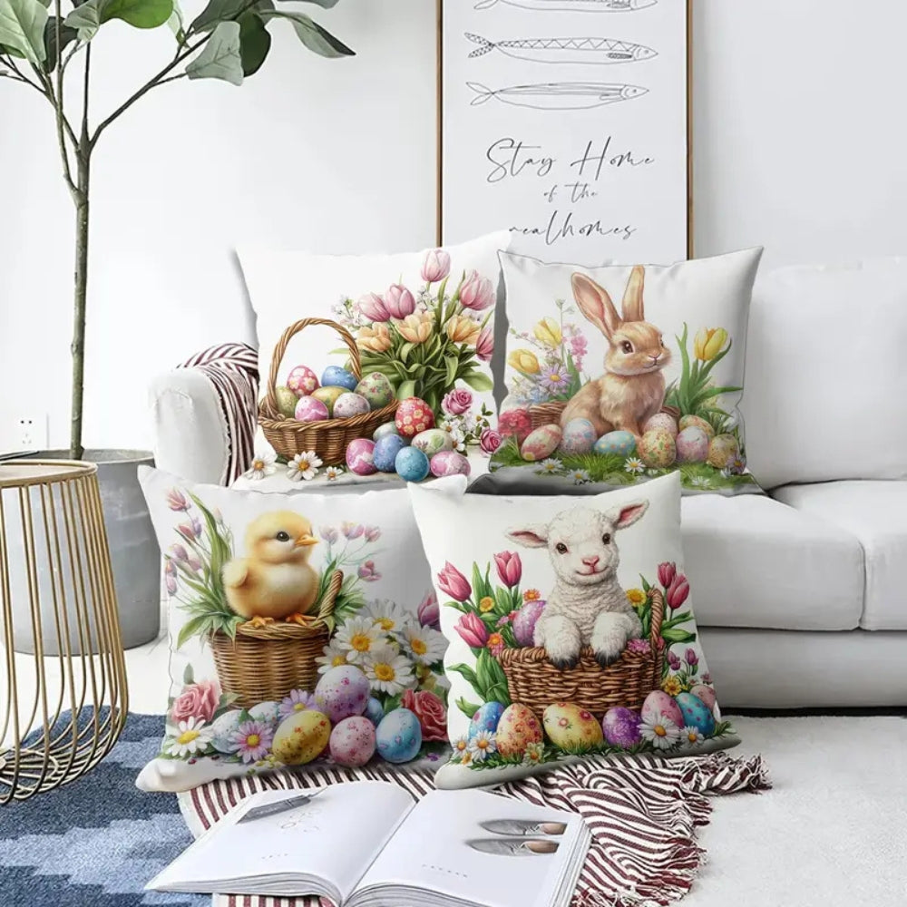 Square Cushion Covers Set 4 Pieces Easter Floral Bunny Design