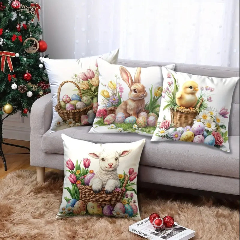 Square Cushion Covers Set 4 Pieces Easter Floral Bunny Design
