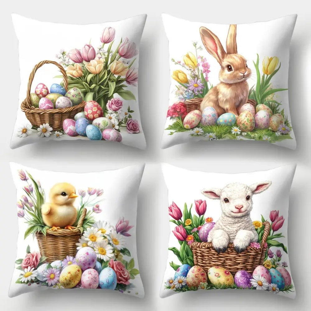 Square Cushion Covers Set 4 Pieces Easter Floral Bunny Design