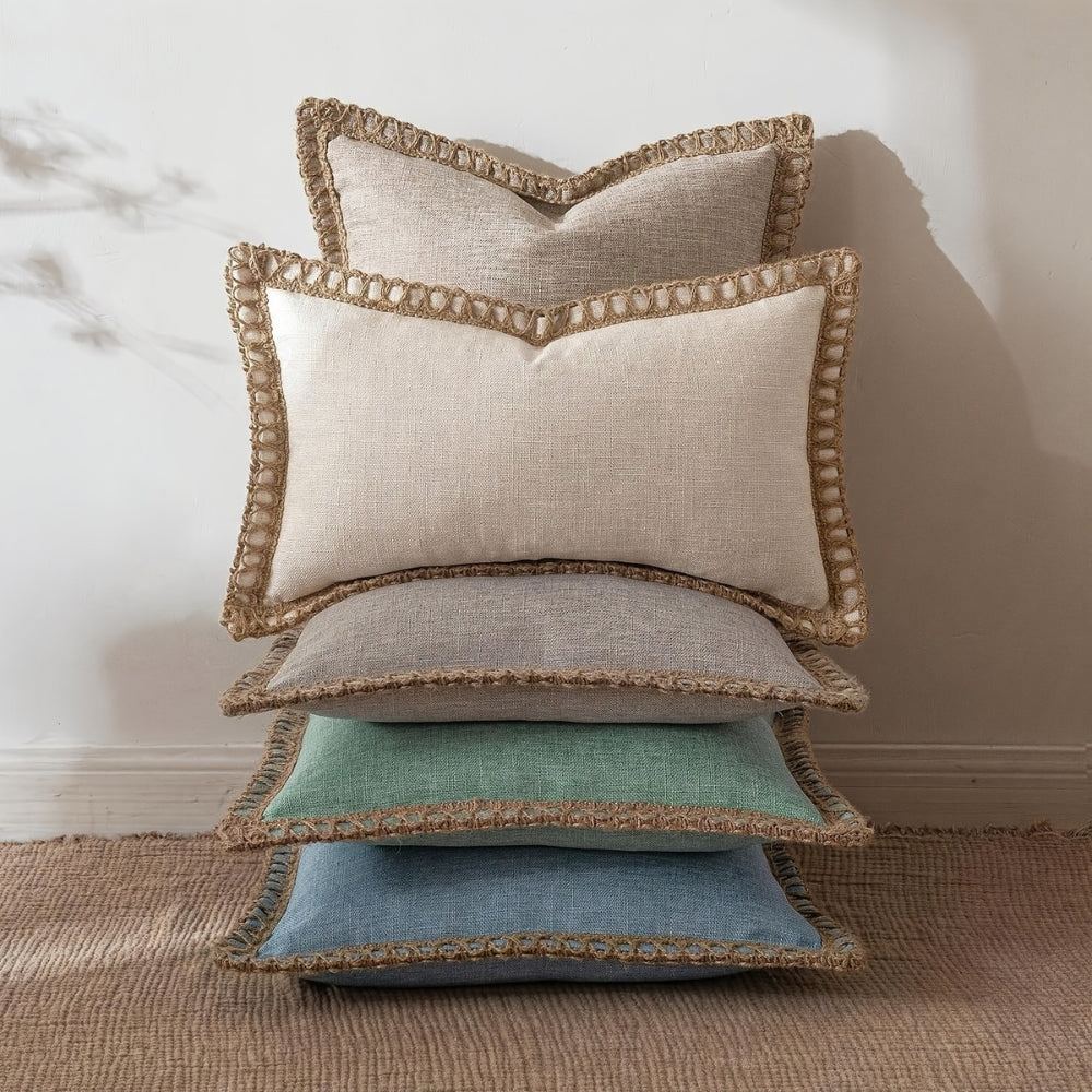 Square Cushion Cover with Linen Trim Decorative Pillow Case