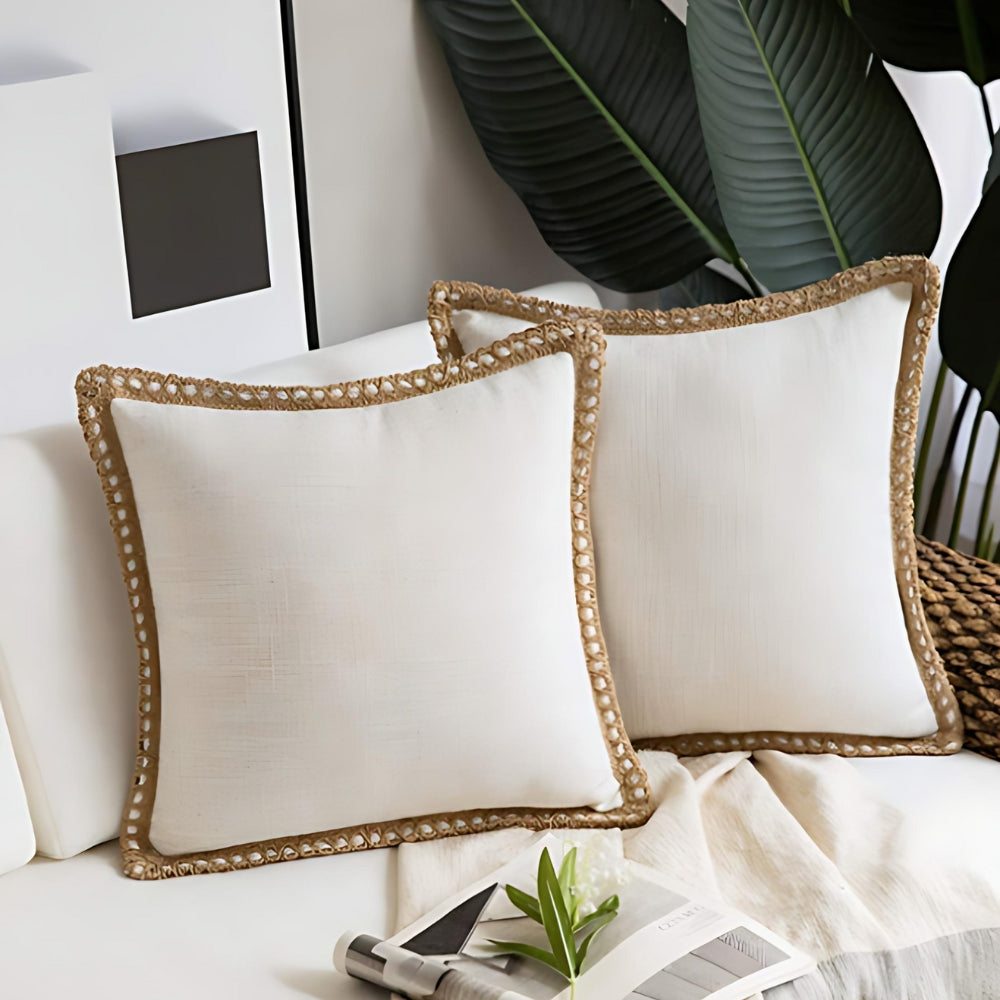 Square Cushion Cover with Linen Trim Decorative Pillow Case