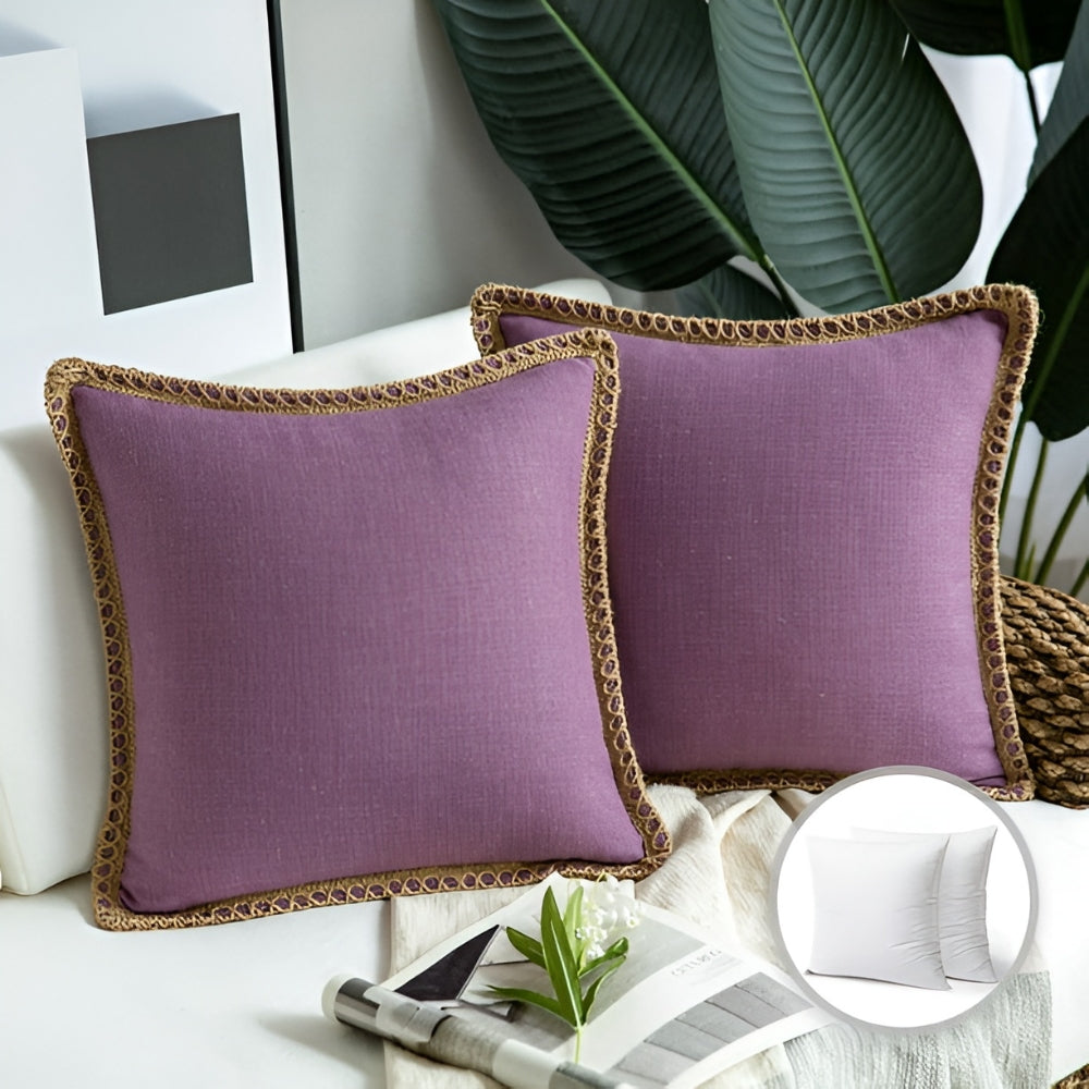 Square Cushion Cover with Linen Trim Decorative Pillow Case