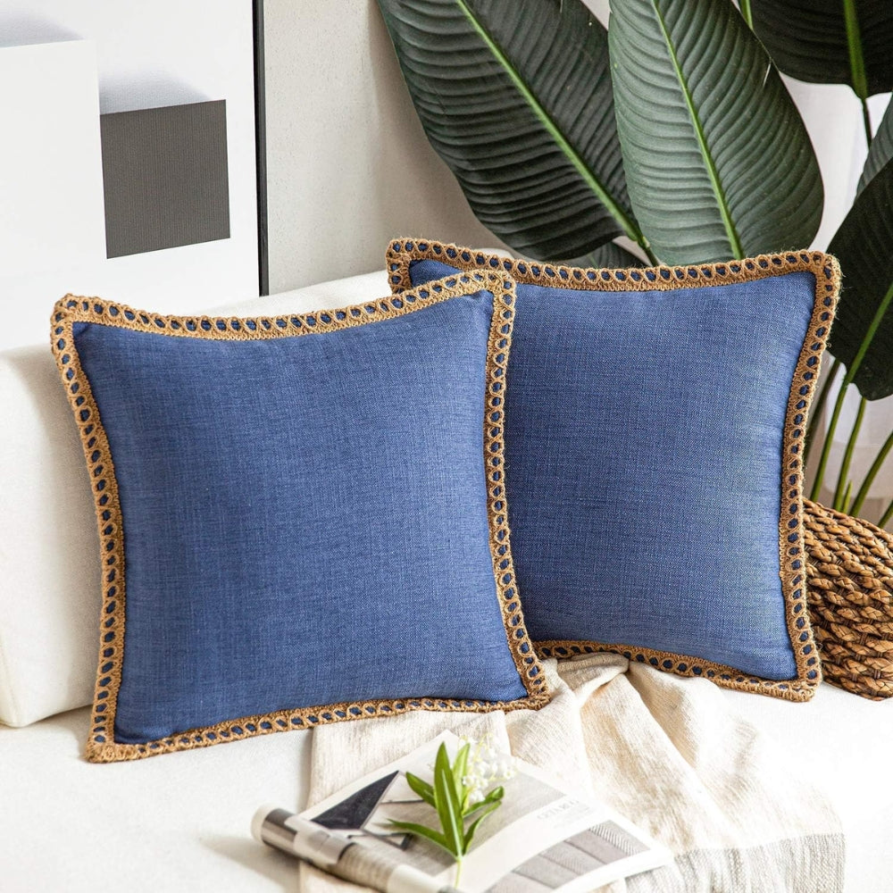 Square Cushion Cover with Linen Trim Decorative Pillow Case