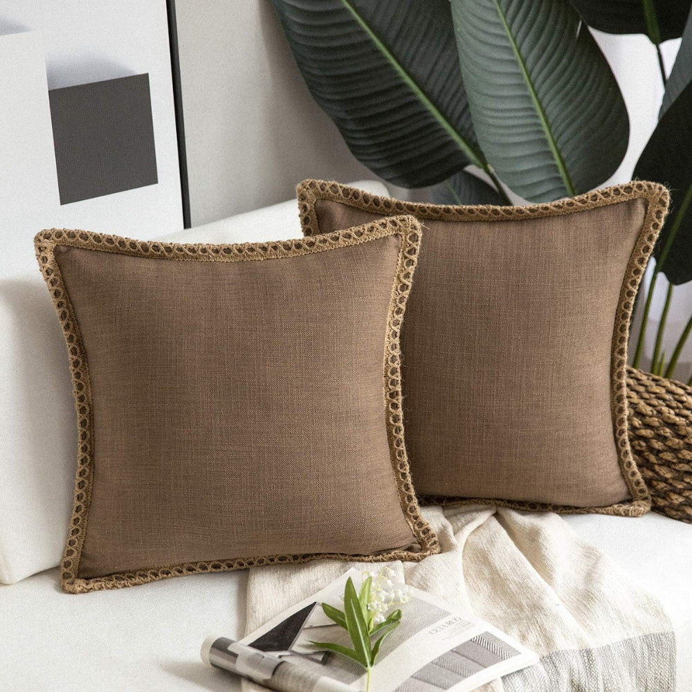 Square Cushion Cover with Linen Trim Decorative Pillow Case