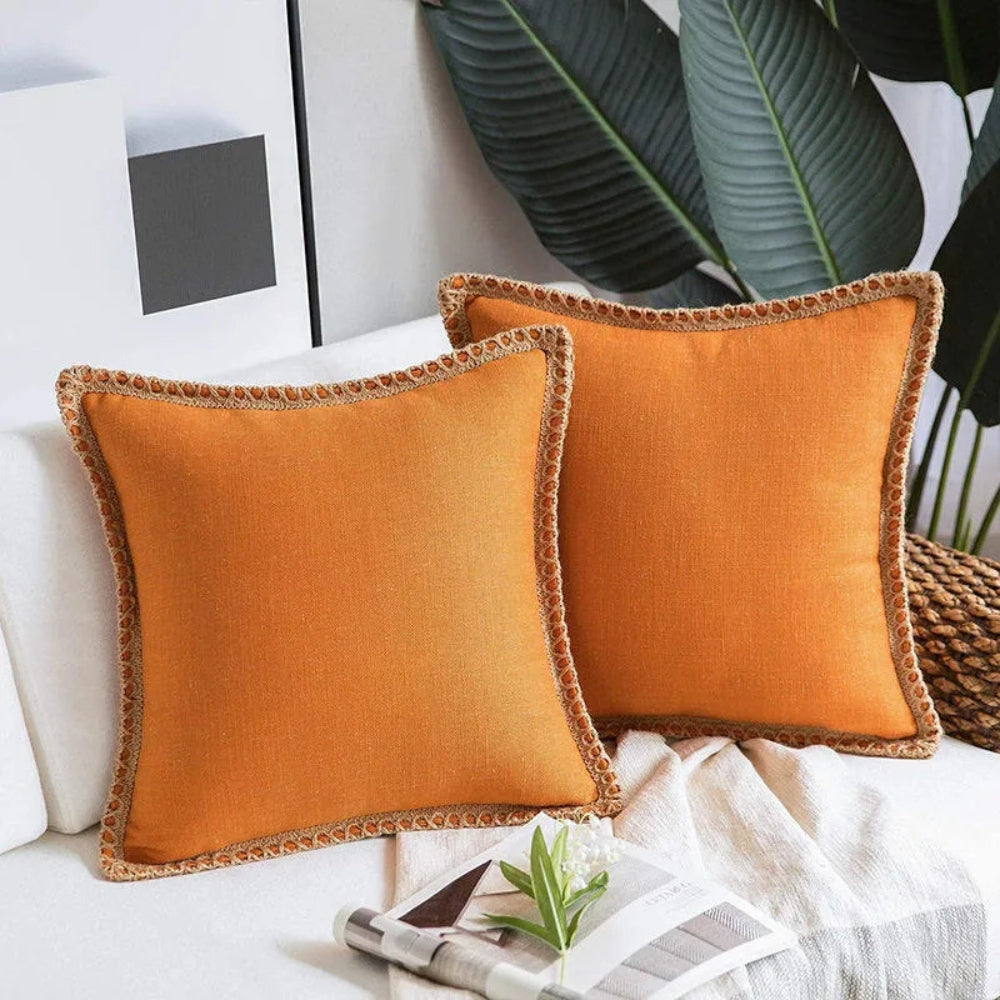 Square Cushion Cover with Linen Trim Decorative Pillow Case