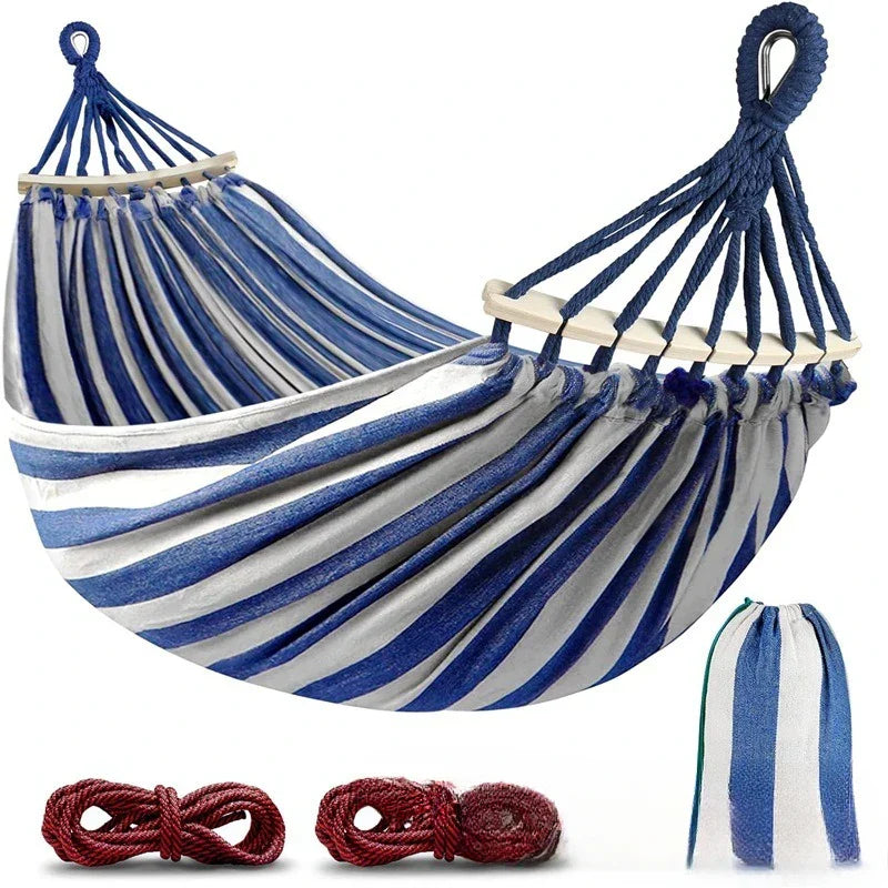 Double Canvas Hammock with Wooden Spreaders Swing Bed Anti-Roll