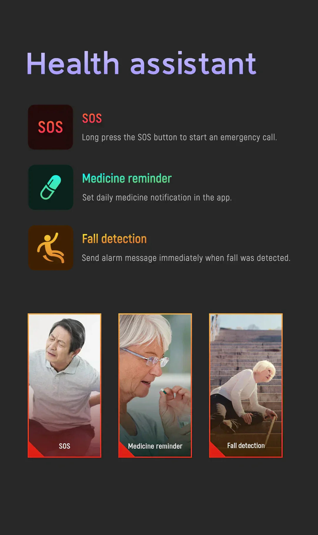 GPS Fall Detection Smartwatch for Seniors Square Digital Watch
