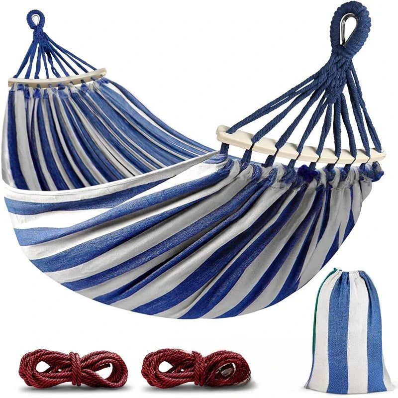 Double Canvas Hammock with Wooden Spreaders Swing Bed Anti-Roll