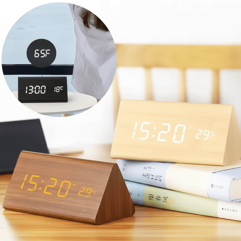 Wooden LED Digital Desk Clock Voice Control Adjustable Brightness