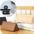 Wooden LED Digital Desk Clock Voice Control Adjustable Brightness