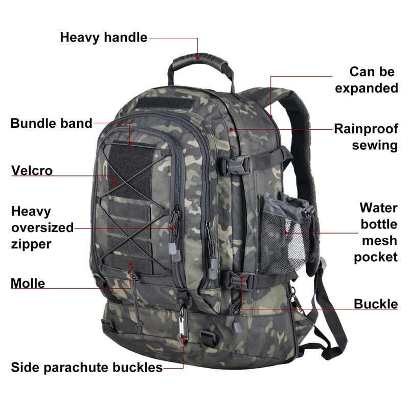 Tactical Backpack 60 Liter Expandable Waterproof Rucksack Pack