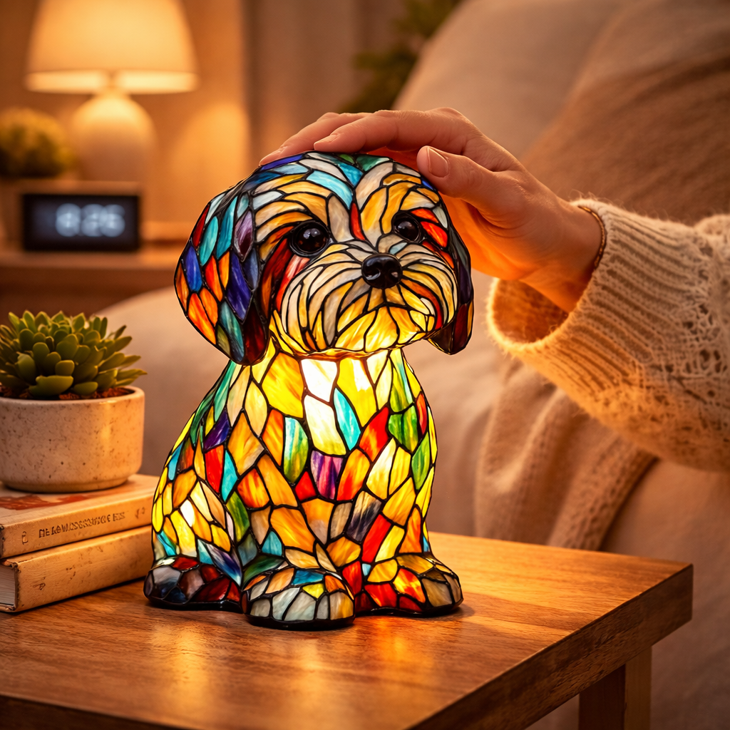 Dog Shape LED Table Lamp Night Light Stained Glass Style