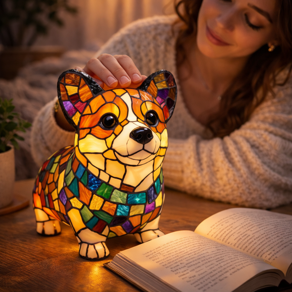 Dog Shape LED Table Lamp Night Light Stained Glass Style